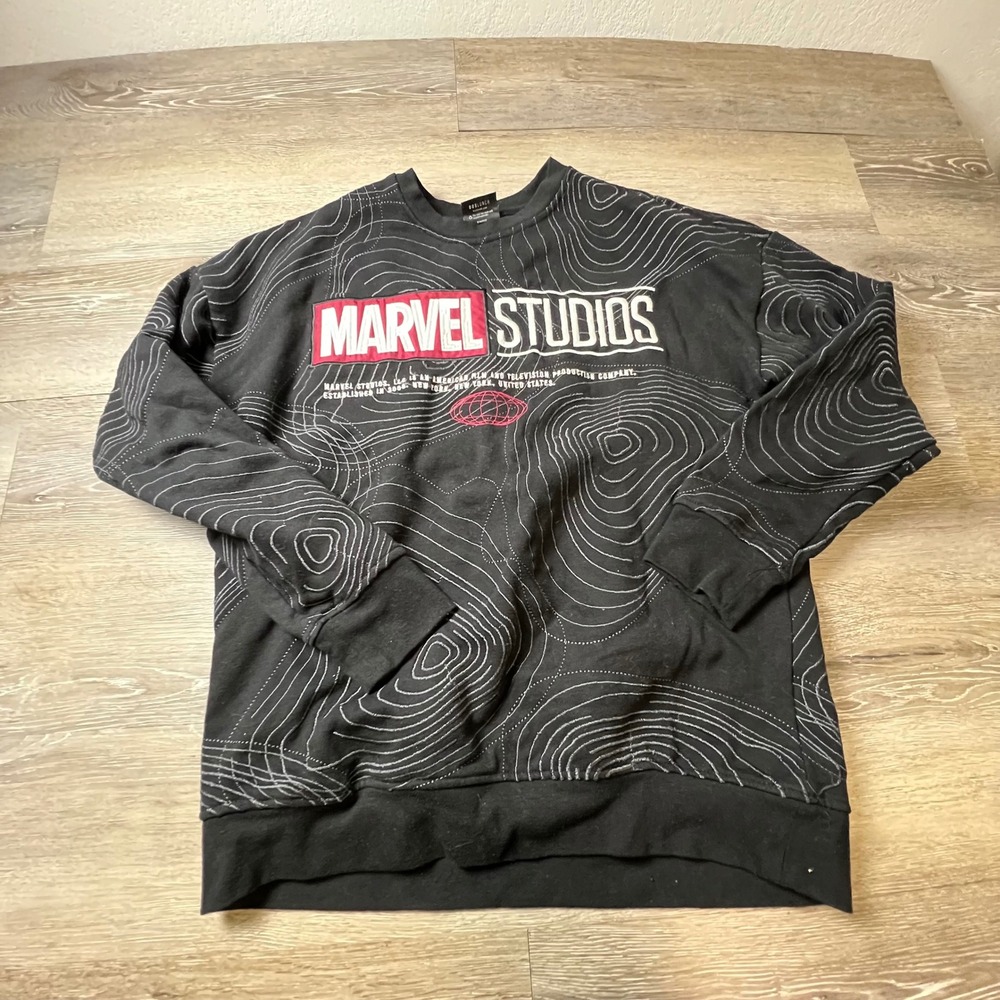 BoxLunch Marvel Studios Sweatshirt Small Black Topographic Map Embroidered MCU